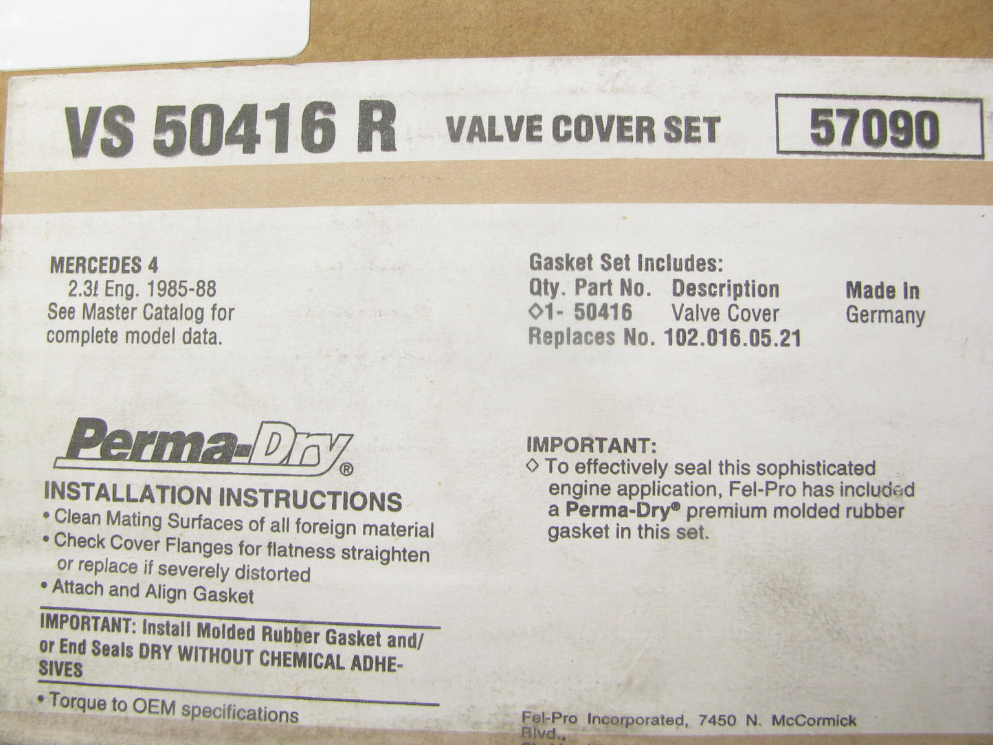 Fel-pro VS50416R Valve Cover Gasket Set 1984-1988 Mercedes-Benz 190E 2.3L-L4