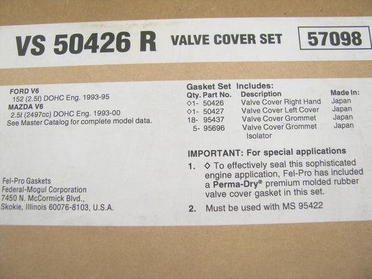 Fel-pro VS50426R Valve Cover Gasket 1993-202 MAZDA FORD 2.5L V6