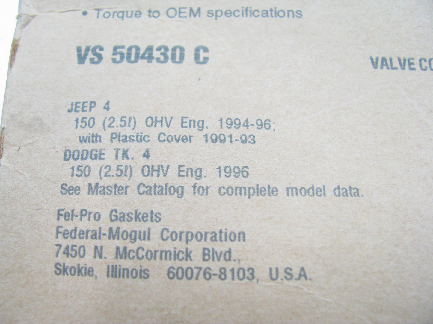 Fel-pro Engine Valve Cover Gasket For 1991-1993 Wrangler Cherokee 2.5L