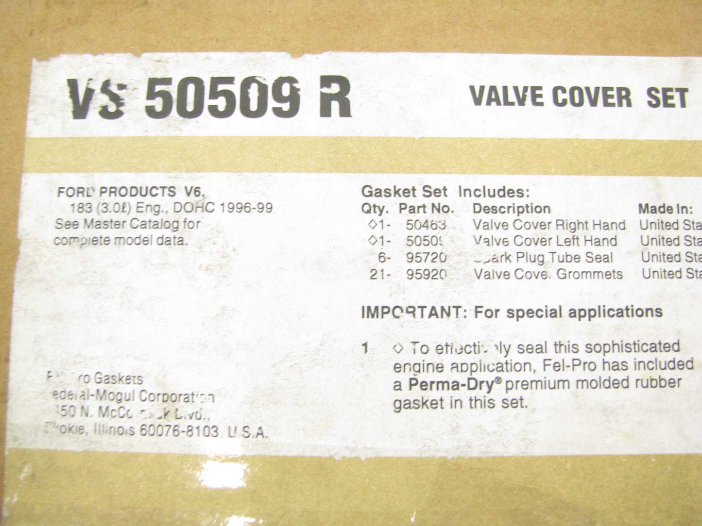 Fel-pro VS50509R Valve Cover Gasket Set For 1996-1999 Ford Mercury 3.0L-V6