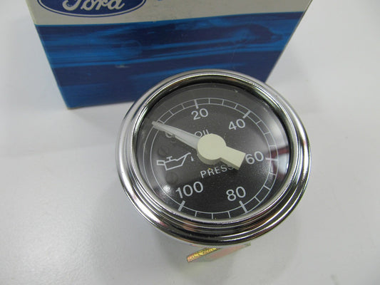 2-1/8'' Mech. Oil Pressure Gauge 100psi Black/Chrome NOS OEM Ford E2HZ-9273-A