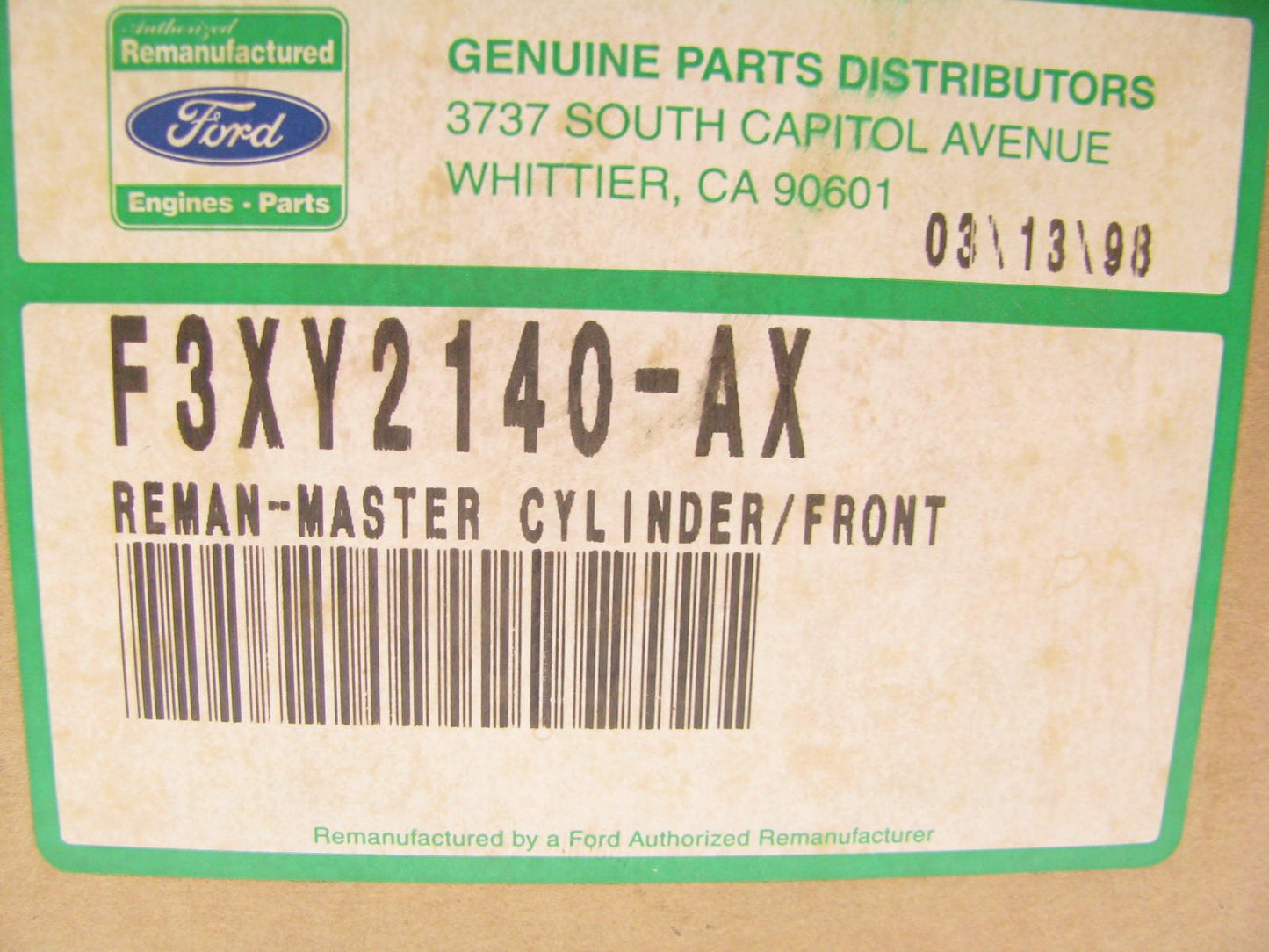 REMAN. OEM Ford F3XY-2140-AX Brake Master Cylinder 93-98 Mercury Village W/O ABS