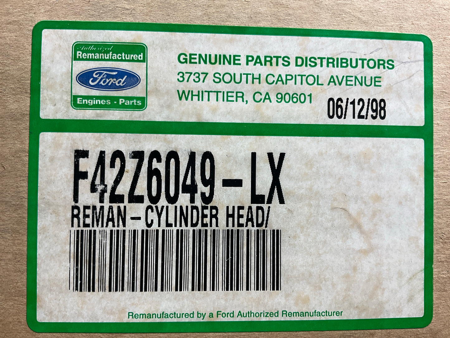 Reman. OEM Ford F42Z6049LX Right Cylinder Head 1994-1997 2.5L DOHC Probe MX-6 V6