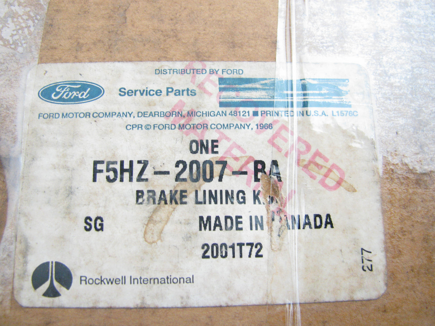 NEW - OEM Ford F5HZ-2007-BA Rockwell ''Q'' Brake Shoe Lining Kit, 16-1/2'' X 6''