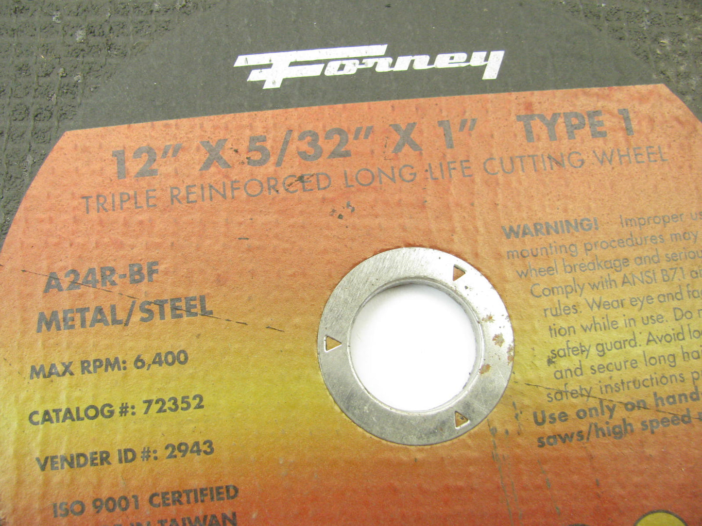 Forney 72352 12'' X 5/32'' A24R-BF Metal Steel Cutting Wheel - 1'' Arbor