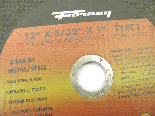 Forney 72352 12'' X 5/32'' A24R-BF Metal Steel Cutting Wheel - 1'' Arbor