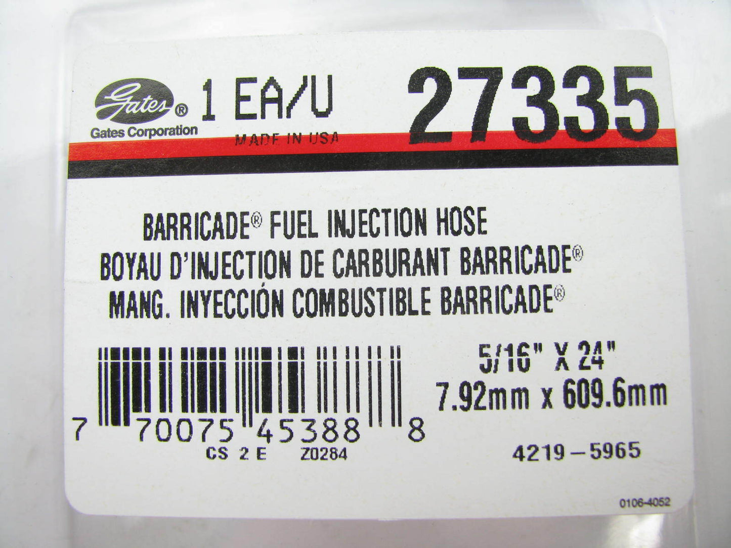 Gates 27335 BARRICADE Fuel Injection Fuel Hose 5/16'' X 24'' 2ft Length, 225 PSI