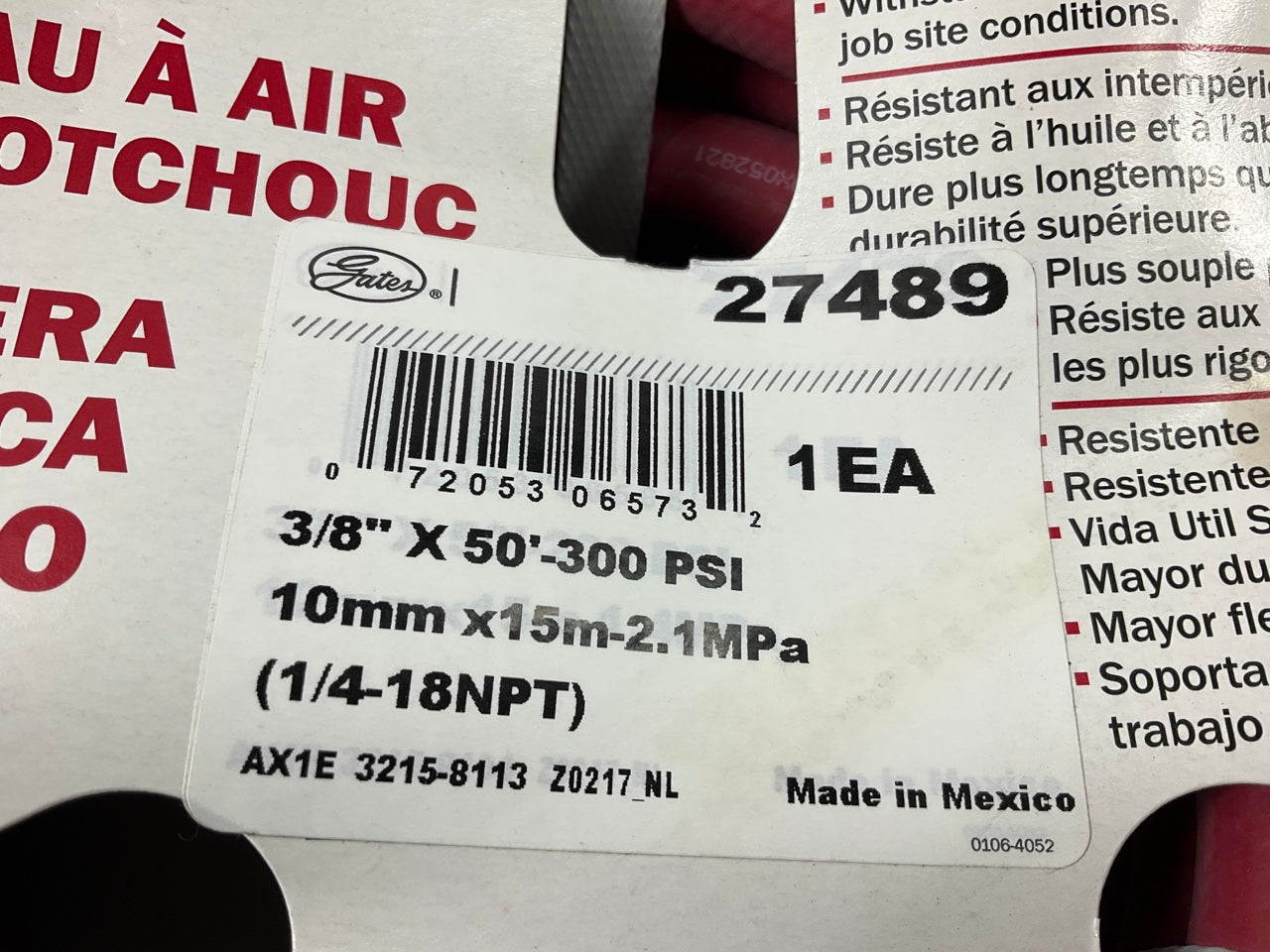 Gates 27489 Rubber Air Tool Air Hose, 3/8'' X 50' - 300 PSI