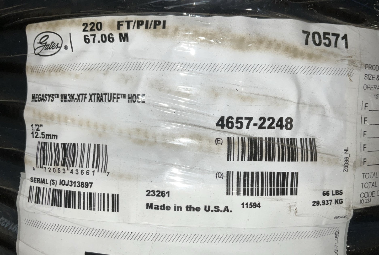 220 FEET - Gates 70571 Hydraulic Hose 1/2'' MegaSys 8M3K-XTF XtraTuff 3250 PSI