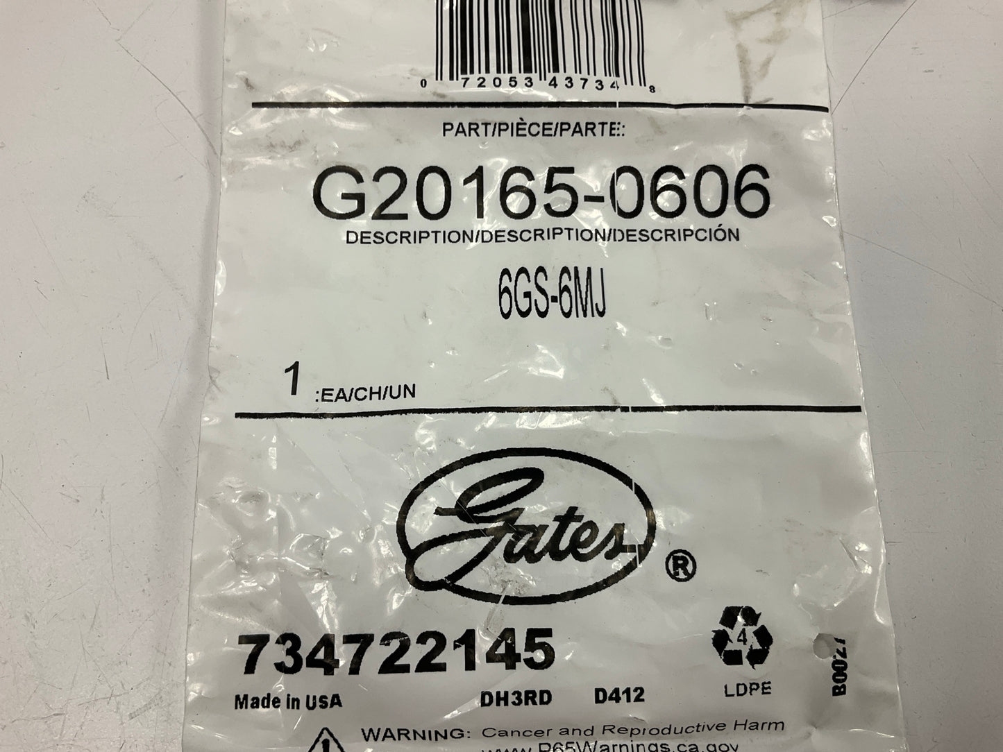 Gates G20165-0606 Hydraulic Hose Fitting Male JIC 37° Flare, 3/8'' ID - 6GS-6MJ