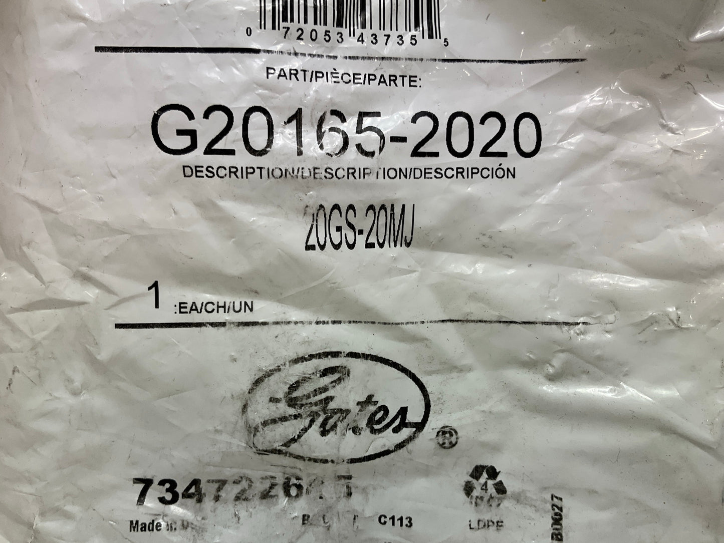 Gates G20165-2020 Hydraulic Hose Fitting Male JIC 37° Flare 1-1/4 ID - 20GS-20MJ