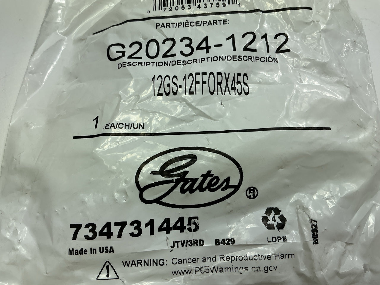 Gates G20234-1212 Hydraulic Fitting 45 Degree Female GS G20 3/4'' Hose 1-3/16''-12