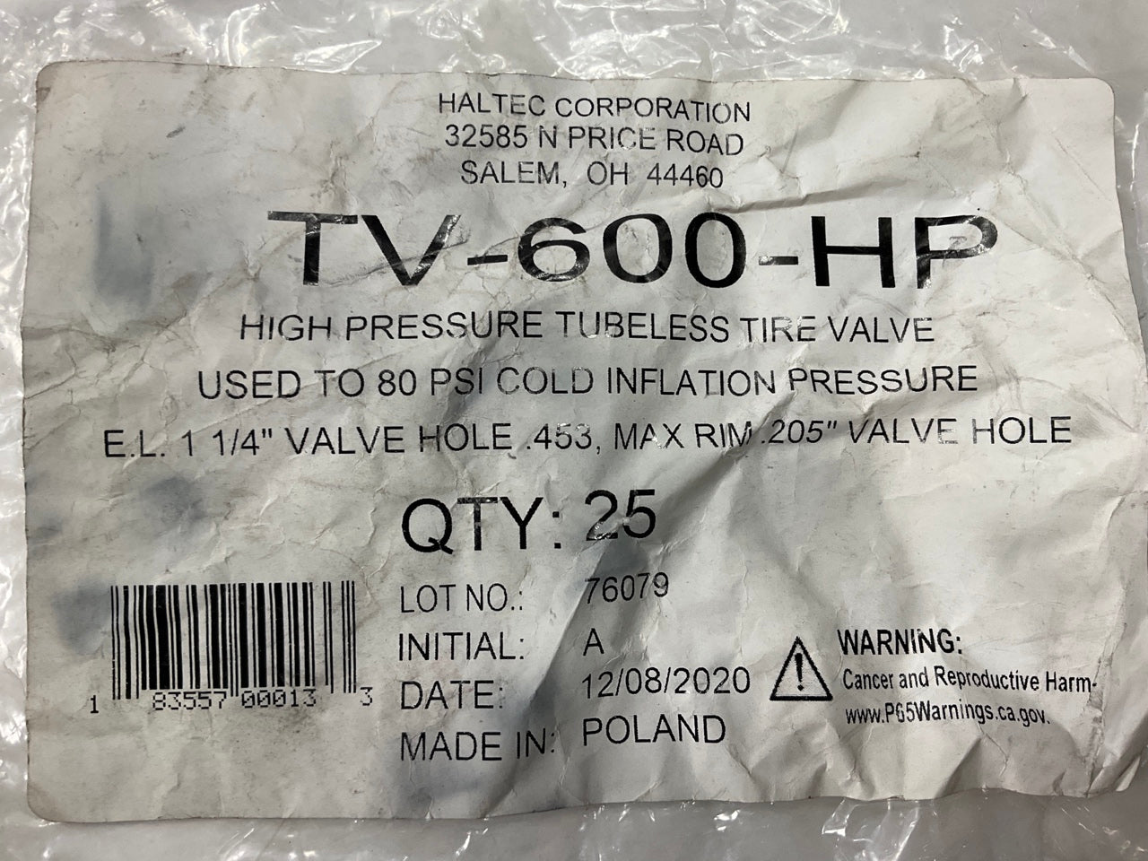 (25) Haltec TV-600-HP Tire Valve Stem High Pressure, Tubeless, 1-1/4'' Effective