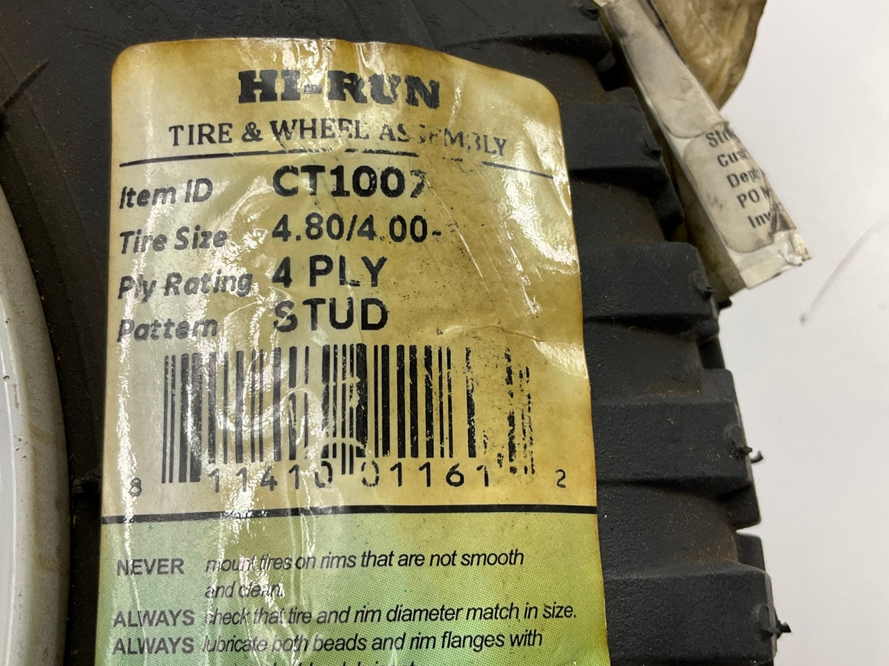 HIRUN CT1007 Wheelbarrow Tire, 4.80/4.00-8, 4 Ply, Stud
