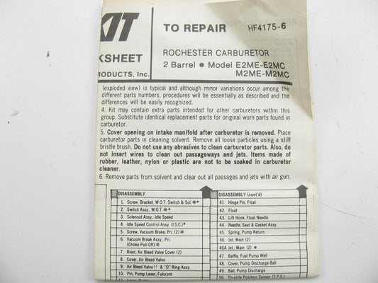 Hygrade 1445 Carburetor Rebuild Kit - Rochester 2-BBL E2ME E2MC M2ME M2MC