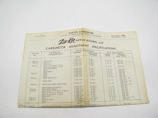 Hygrade A167CX Carburetor Rebuild Kit For 1956 Chrysler - 2BBL Carter BBD