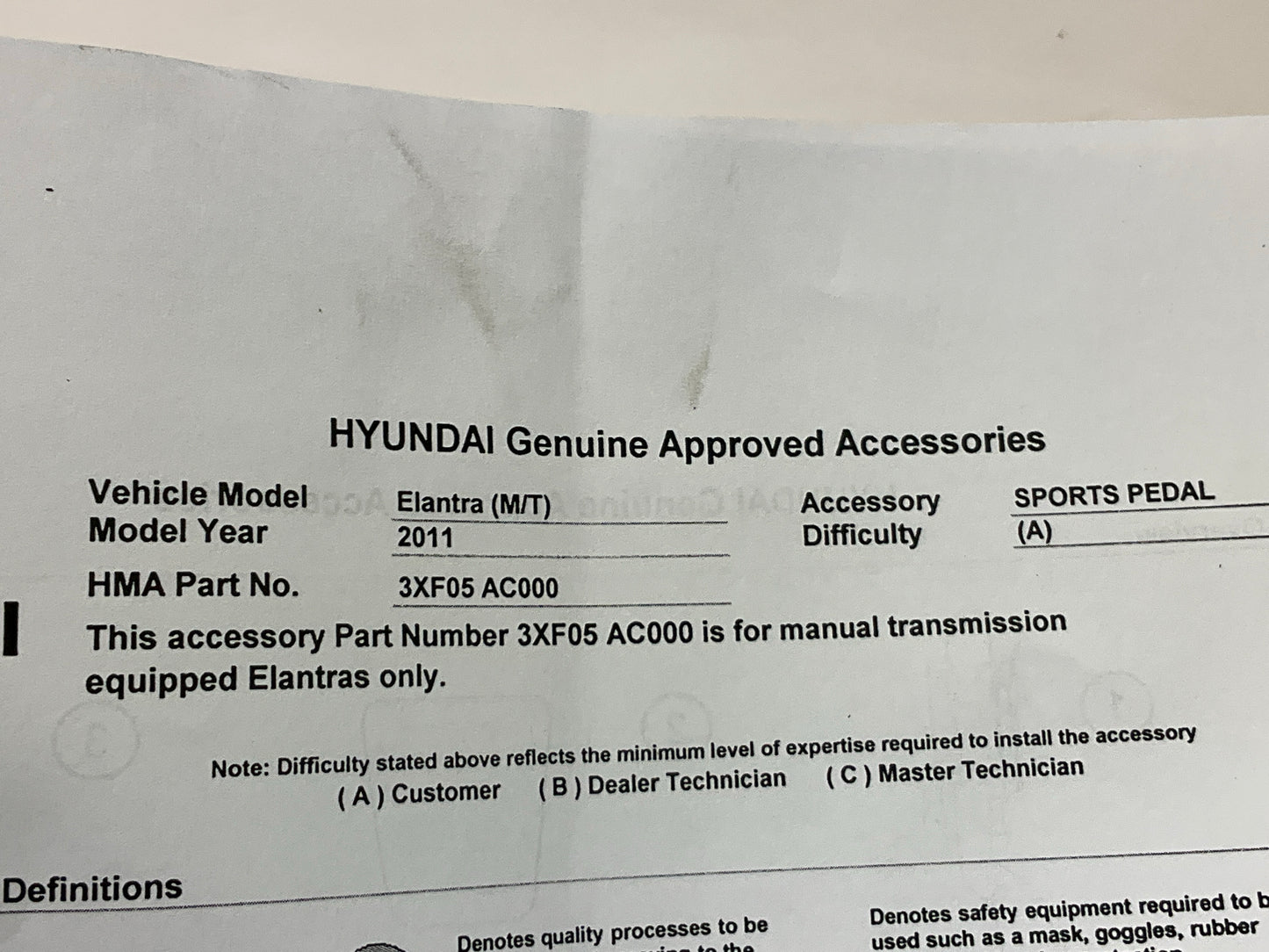 NEW - OEM 3XF05AC000 Pedal Kit For 2011-2013 Hyundai Elantra SEDAN AUTO TRANS
