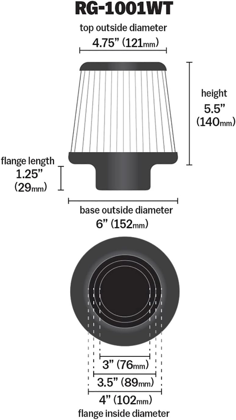 K&N RG-1001WT-L High Performance, Universal Clamp-on Washable Cone Air Filter