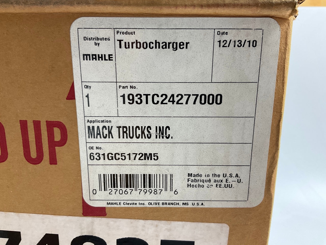 Mahle 193TC24277000 Turbocharger Turbo Borg Warner 174825 For Mack E7