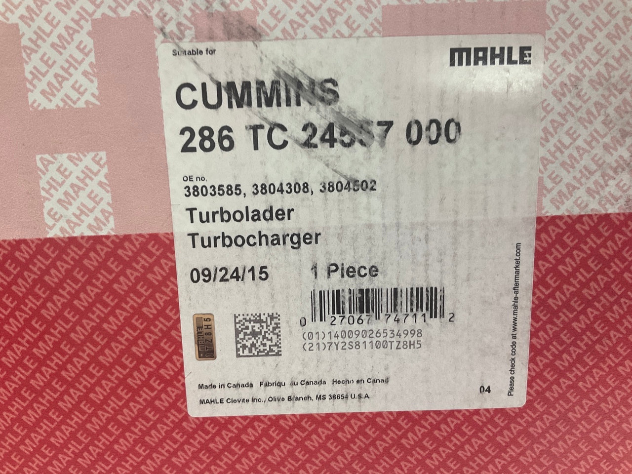 NEW Mahle 286TC24557000 Turbocharger Turbo For Cummins N14, NT-855 3803553