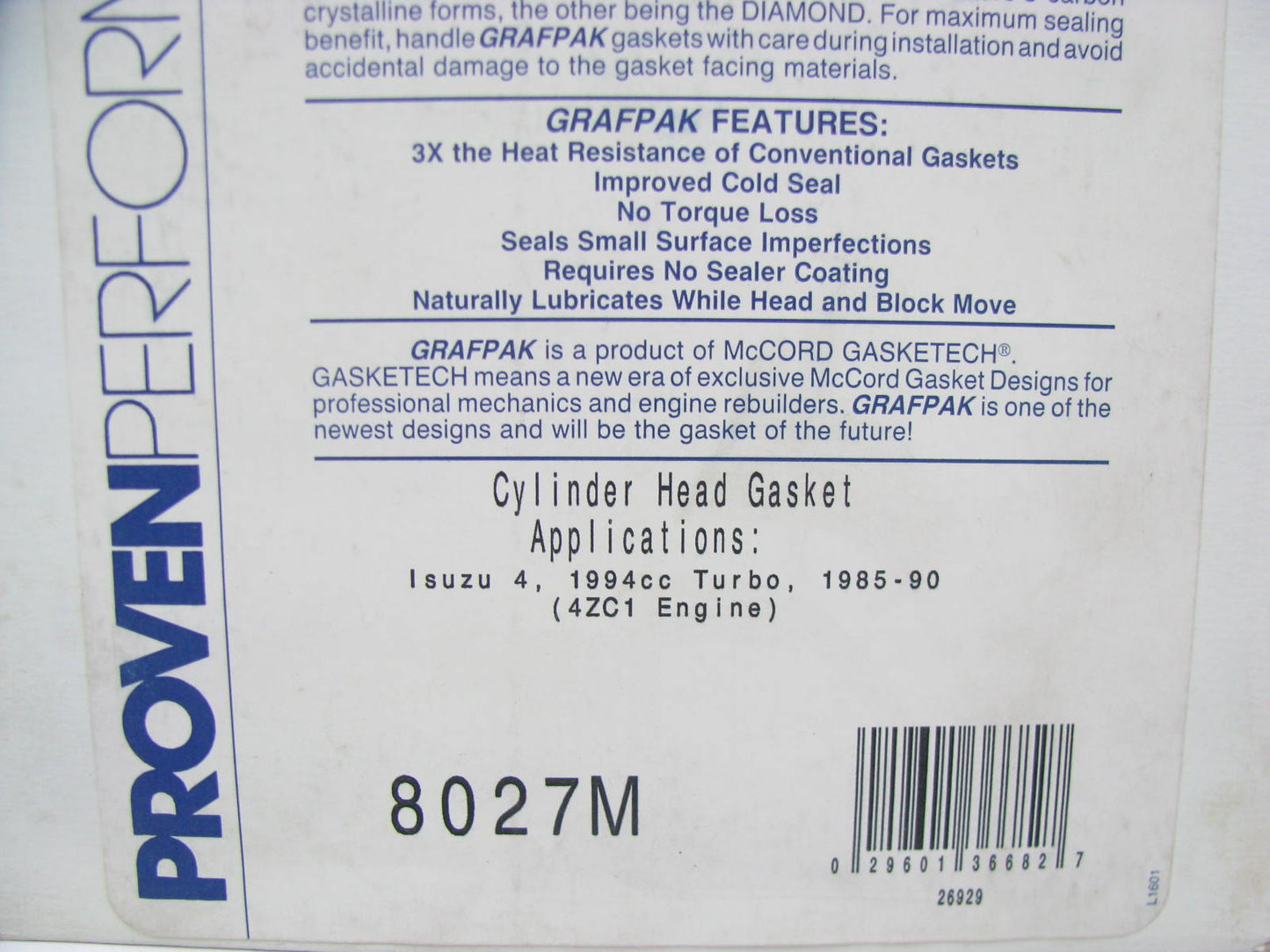 Mccord 8027M Cylinder Head Gasket 1985-1989 Isuzu Impulse 2.0L I4 Turbocharged