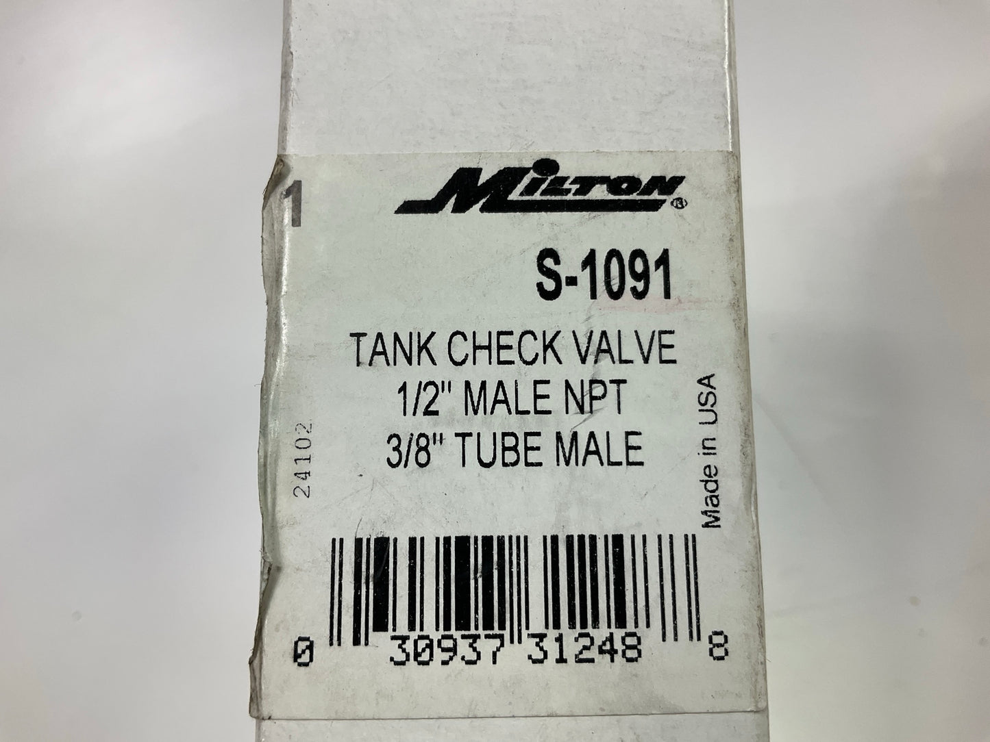 Milton S1091 Tank Check Valve, 1/2'' NPT, 1/2'' Tube, 20 SCFM, 3/8'' Male Comp