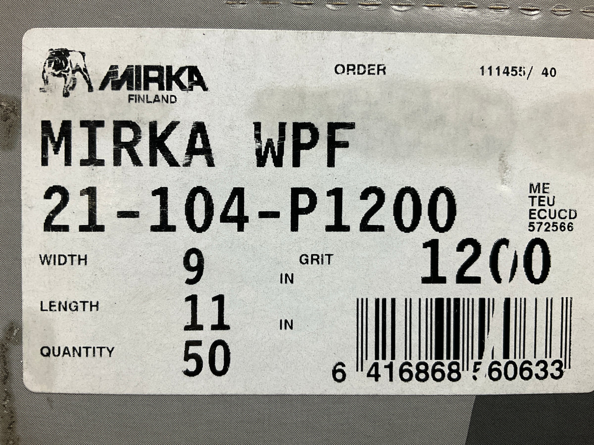 Mirka 21-104-P1200 9''x11'' 1200 Grit P1200 Waterproof Sandpaper Sheets, 45 / Box