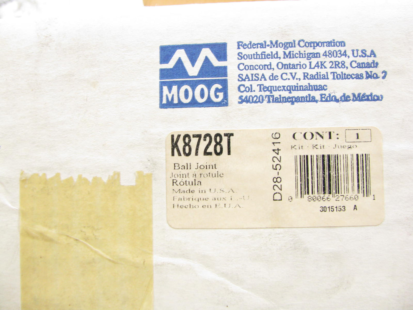 Moog K8728T Suspension Control Arm & Ball Joint Assembly - Front Right Upper 2WD