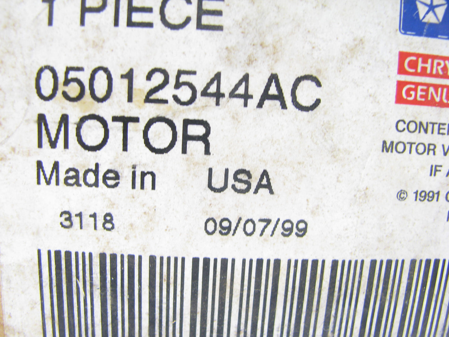 NEW - OEM Mopar 5012544AC Right Passenger Side Power Window Motor