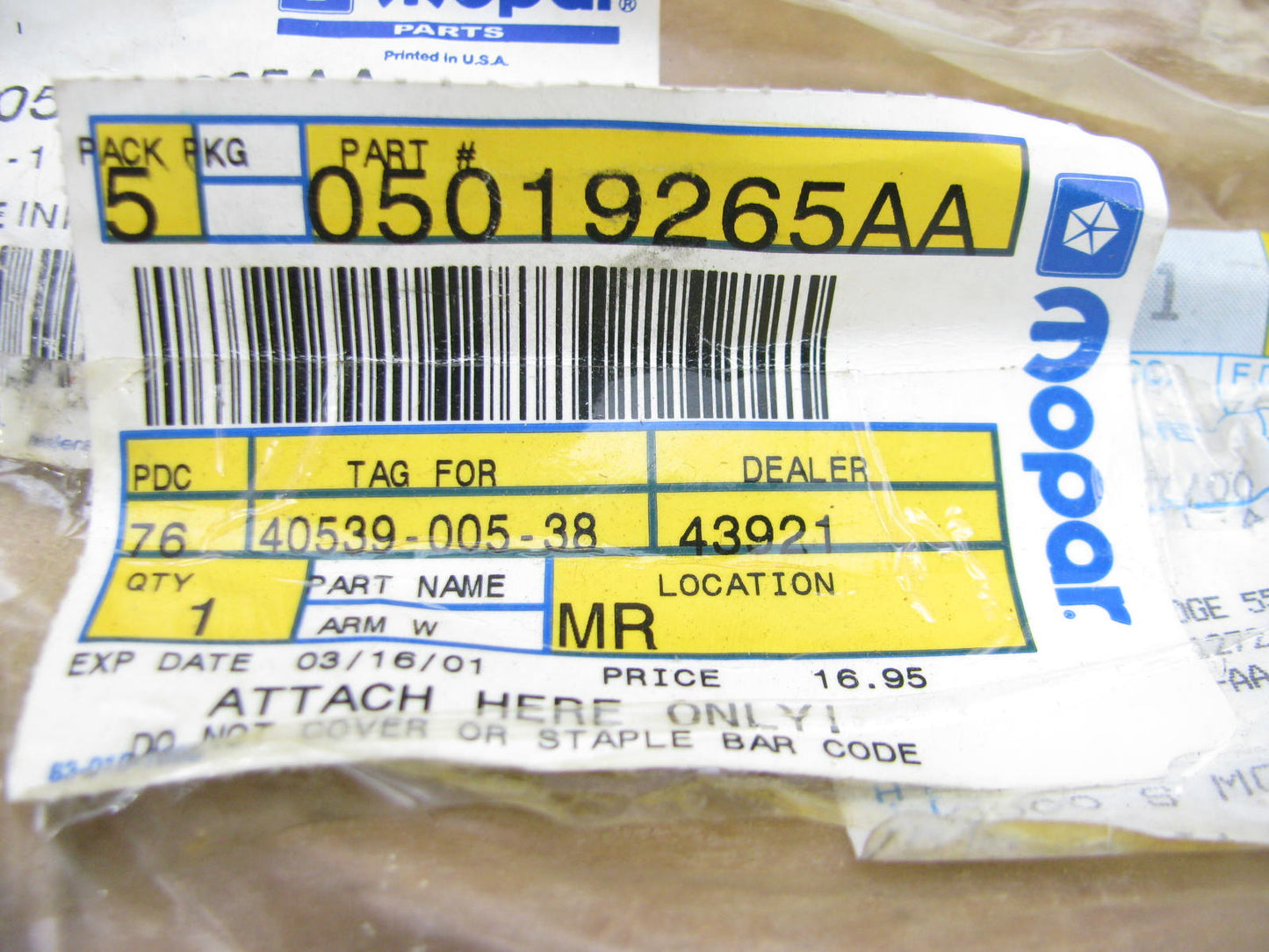 OEM Back Glass Wiper Arm 5019265AA