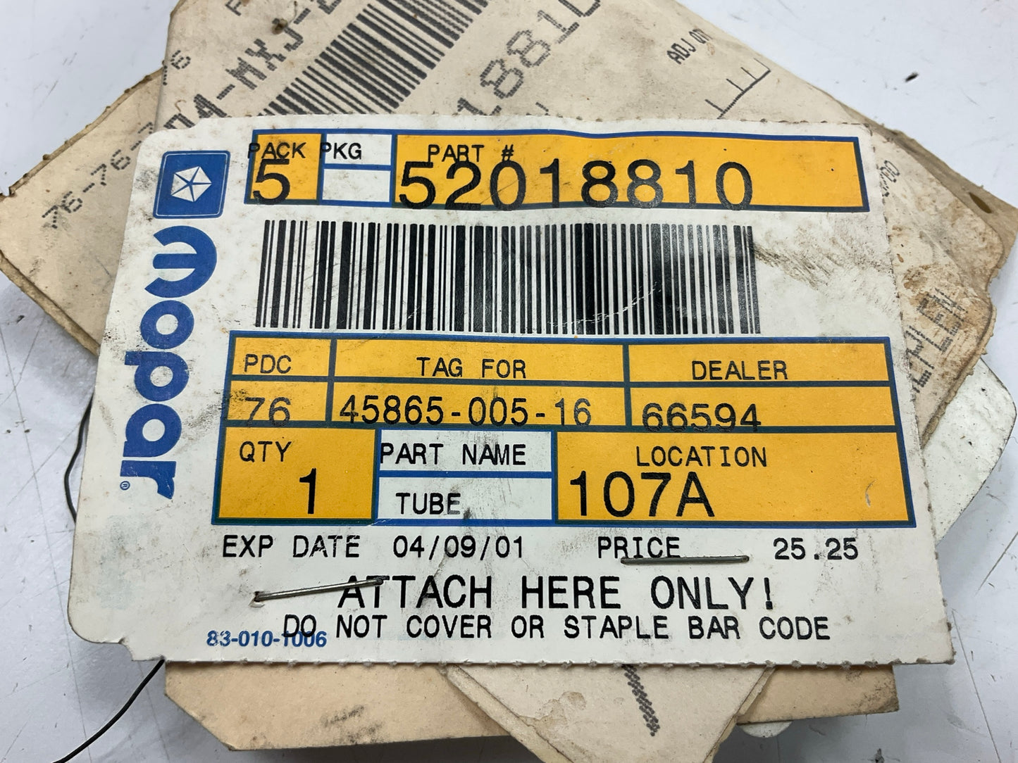 NOS OEM Mopar 52018810 Fuel Line Supply Tube, Front, For 1994 Jeep Cherokee