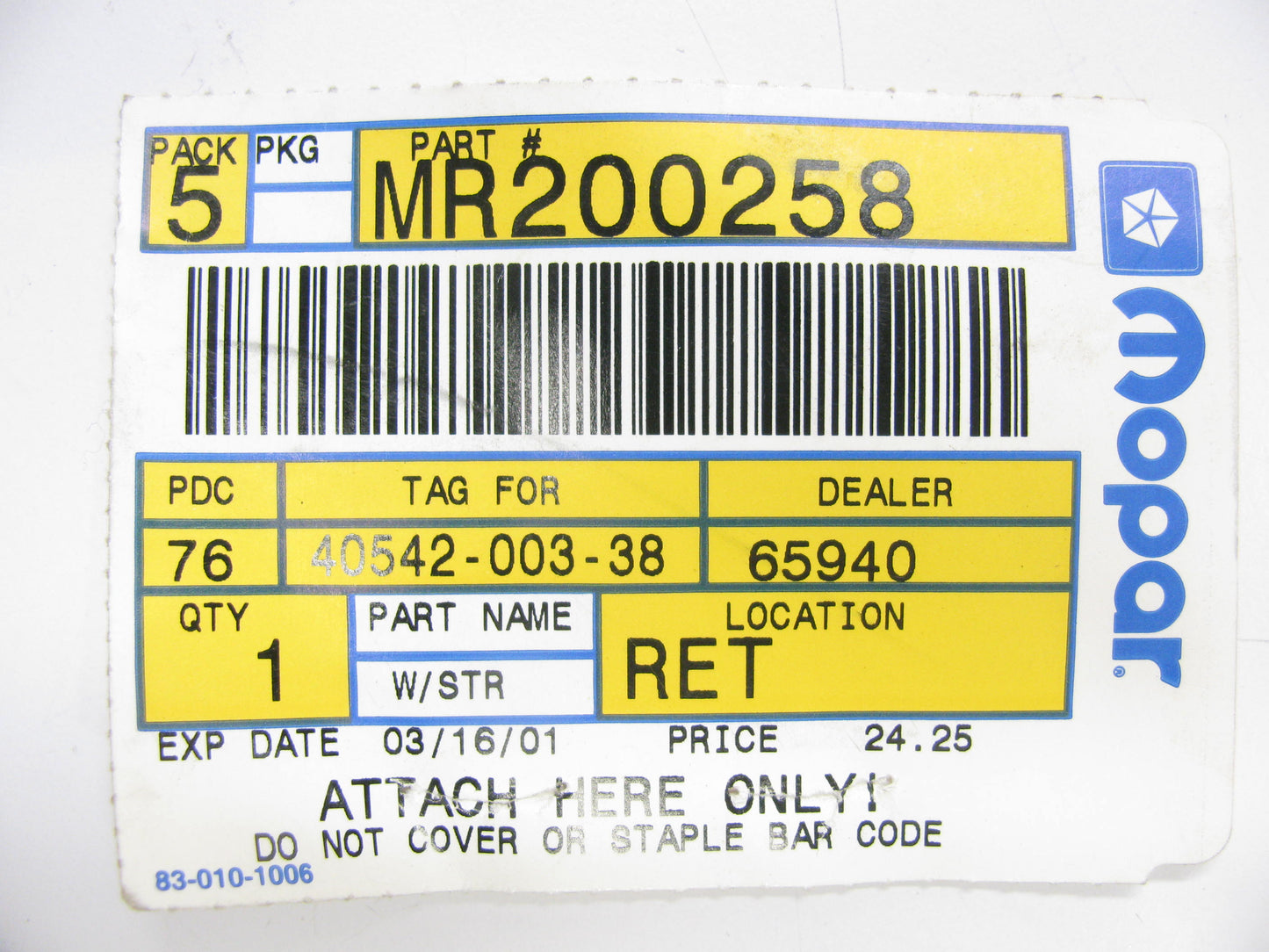 Mopar MR200258 Front Left Door Inner Weatherstrip Seal For 95-96 Avenger Sebring