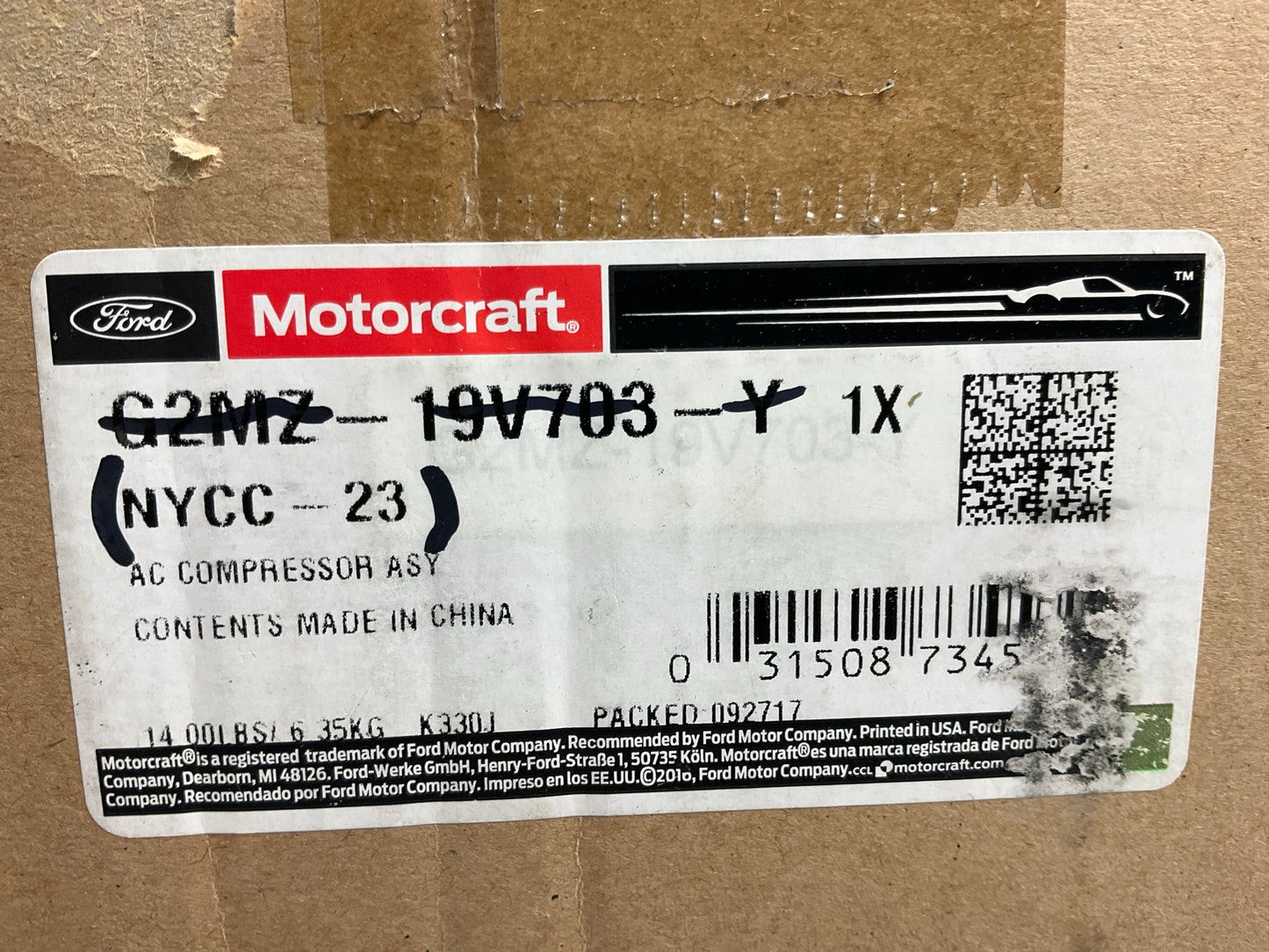 Motorcraft NYCC-23 A/C Compressor & Clutch - G2MZ-19V703-Y