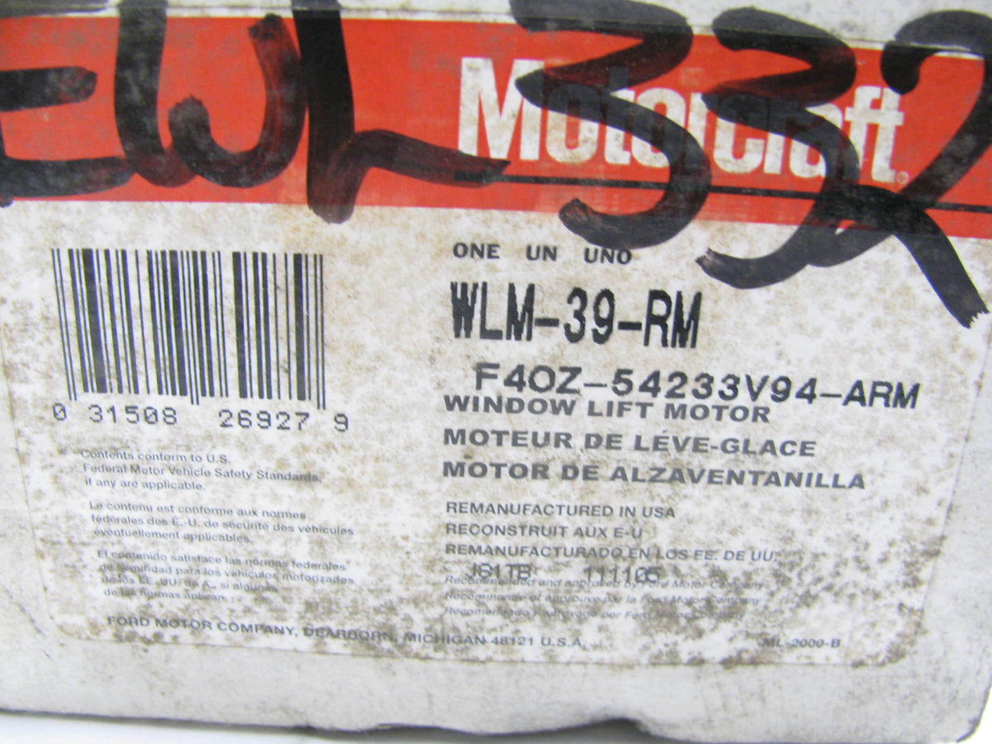 Motorcraft WLM-39-RM Reman Rear Right Power Window Motor 1988-1994 Continental