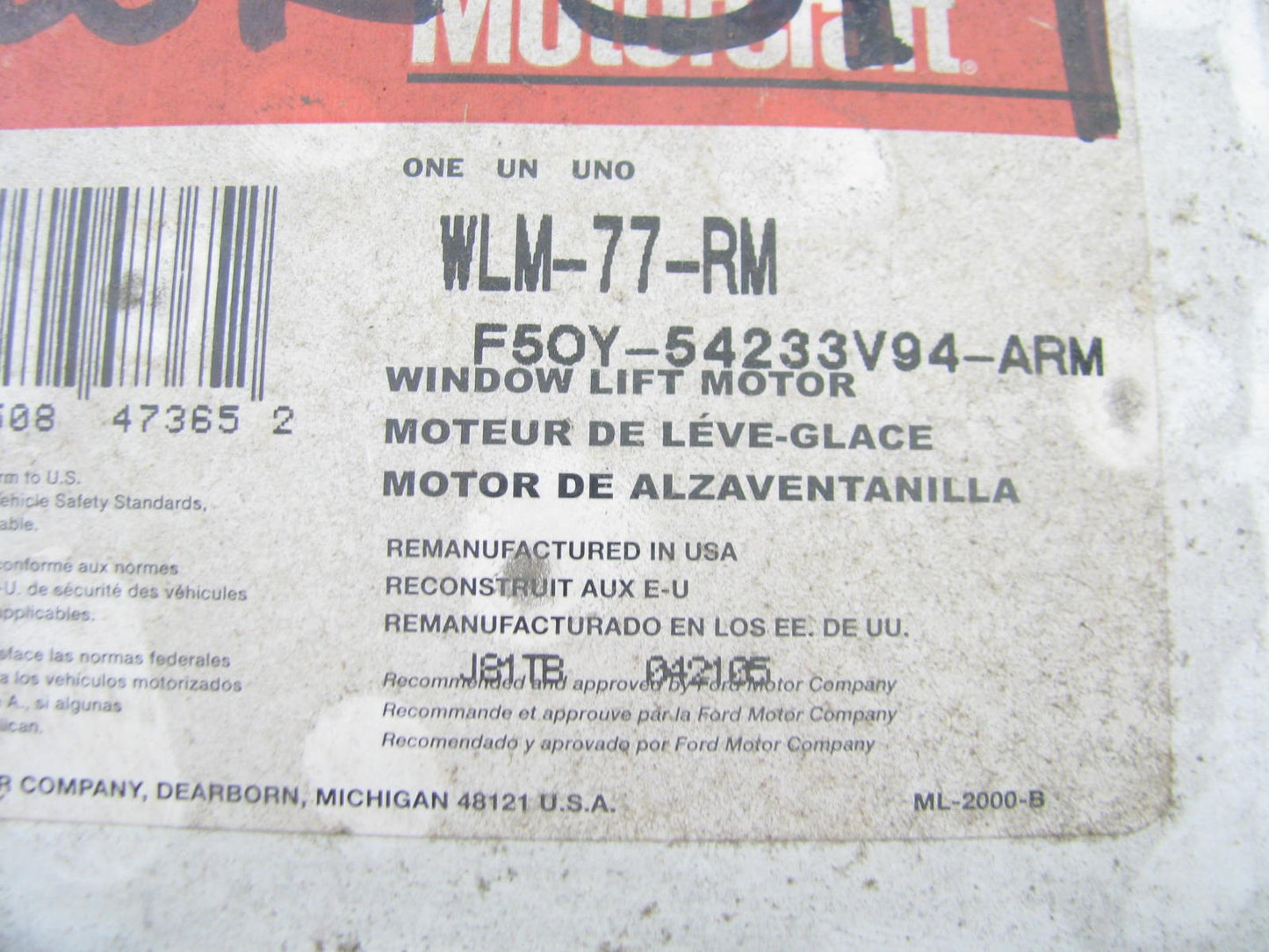 Reman Motorcraft WLM-77-RM Rear Power Lift Window Motor Right Passenger Side