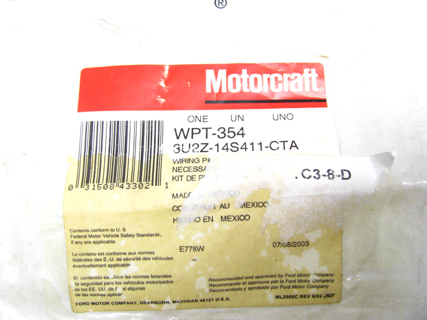 Motorcraft WPT354 Wire Wiring Harness Connector Pigtail 8-Way - 3U2Z-14S411-CTA