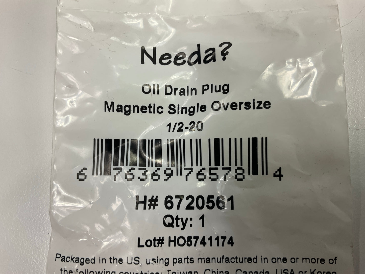 Needa 6720561 Oil Drain Plug (1/2-20 SINGLE O/S) Single Oversize, Magnetic Plug
