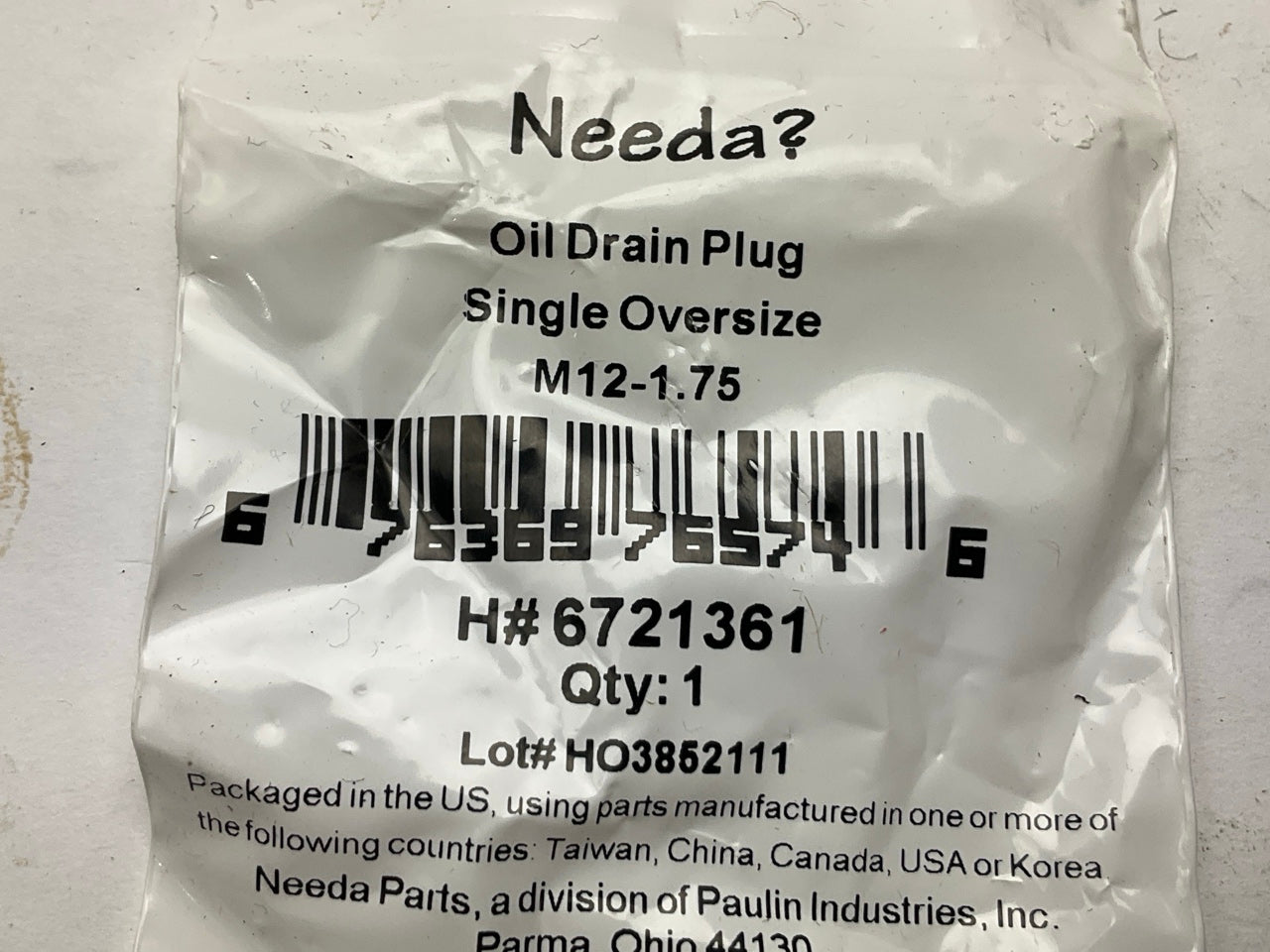 Needa 6721361 Engine Oil Drain Plug - M12-1.75 SINGLE OVERSIZE