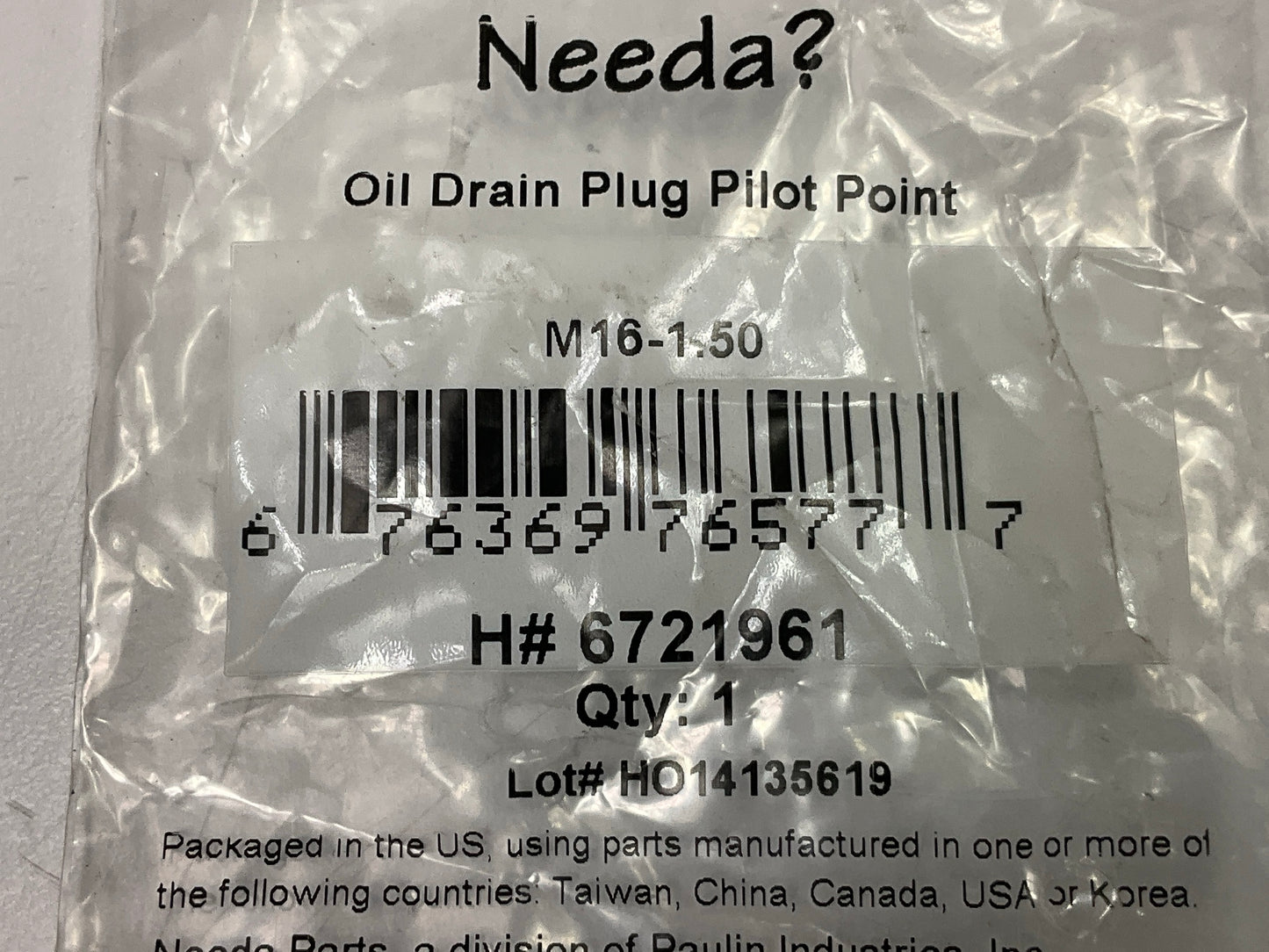 Needa 6721961 Engine Oil Drain Plug & Gasket, M16 X 1.50 Pilot Point