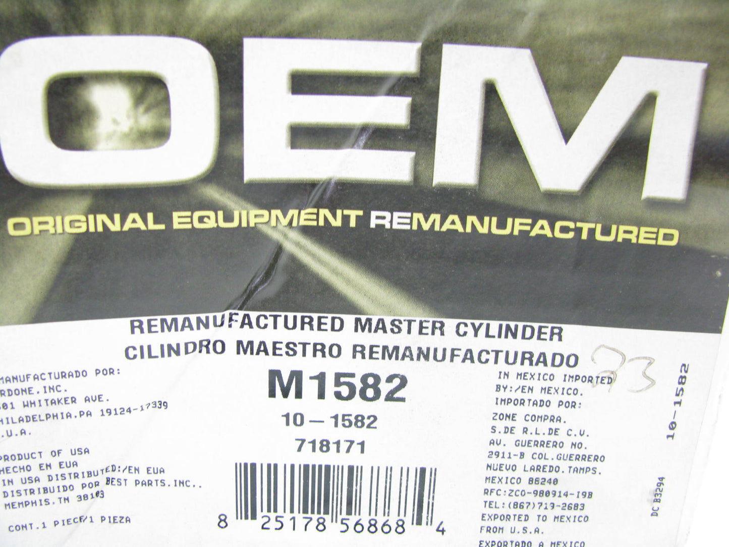 Oem Remanufacturing M1582 Reman Brake Master Cylinder
