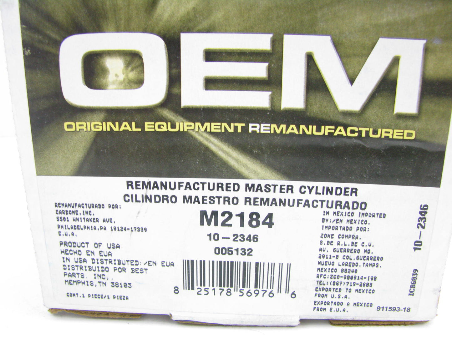 Oem Remanufacturing M2184 Brake Master Cylinder W/ O Reservoir