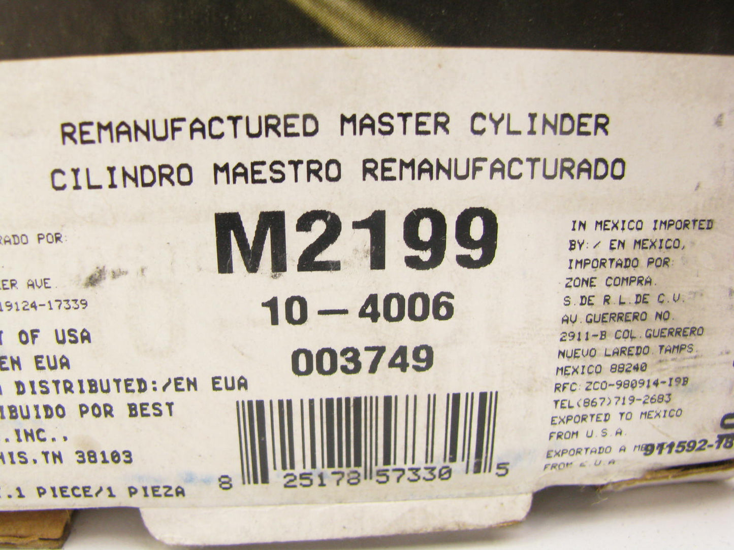 Oem Remanufacturing M2199 Brake Master Cylinder W/ O Reservoir