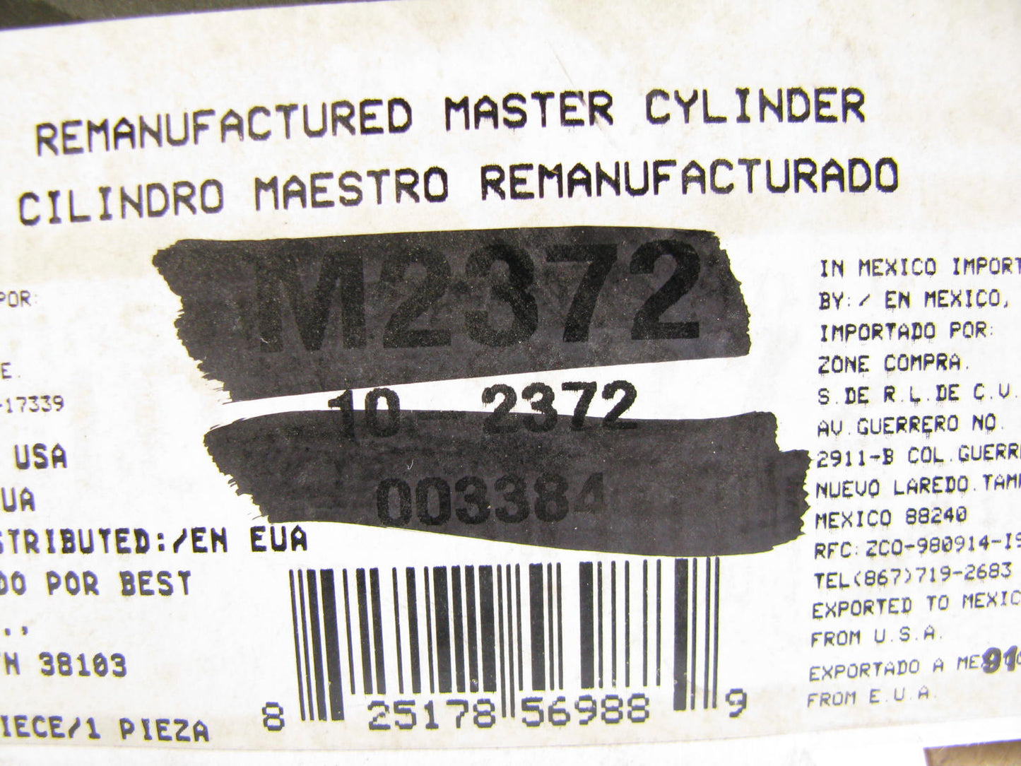 Oem M2372 Reman Brake Master Cylinder W/O Reservoir 1986-1988 Taurus & Sable