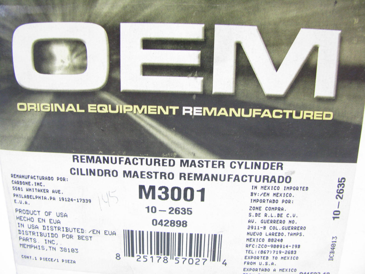 Oem Remanufacturing M3001 Reman Brake Master Cylinder W/O Reservoir