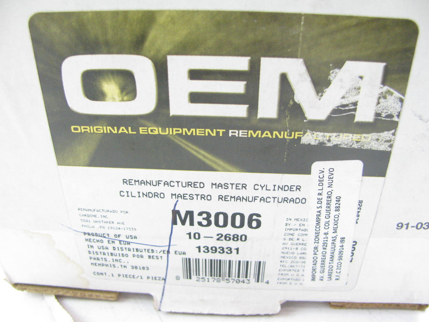 Oem Remanufacturing M3006 Reman Brake Master Cylinder W/O Reservoir