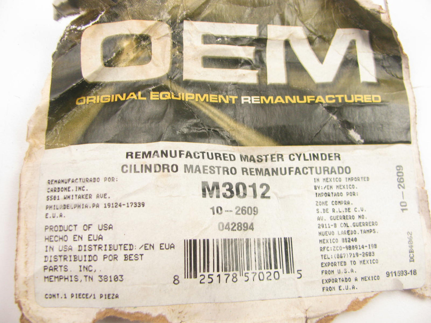 Oem Remanufacturing M3012 Reman Brake Master Cylinder W/O Reservoir