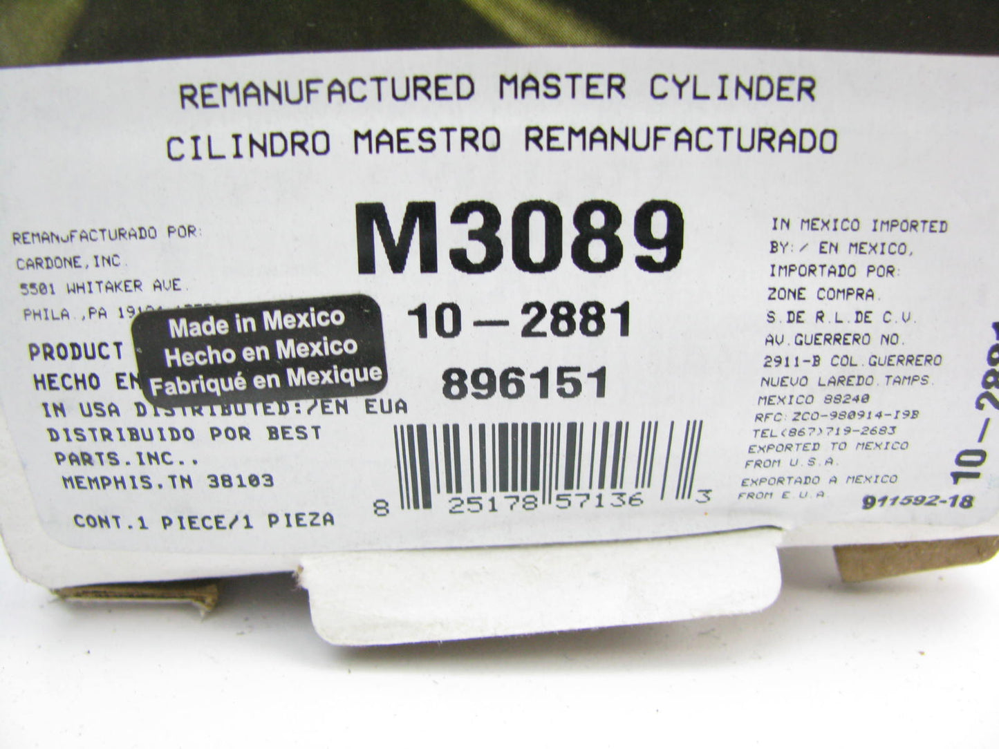 Oem Remanufacturing M3089 Reman Brake Master Cylinder W/O Reservoir