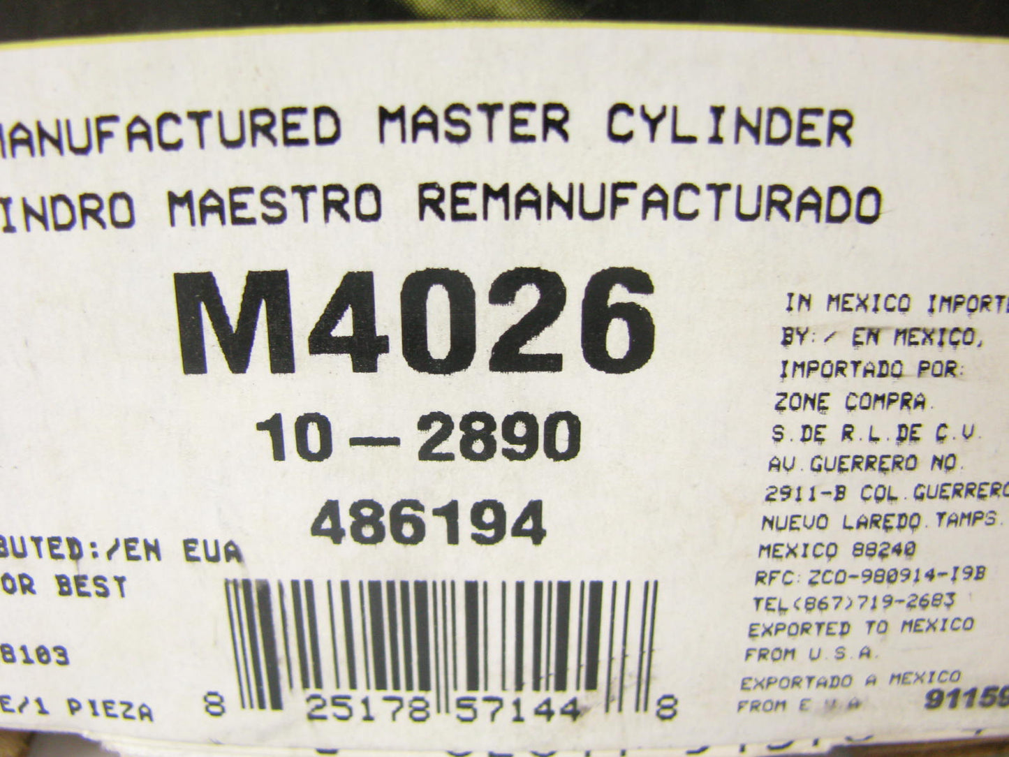 Oem Remanufacturing M4026 Reman Brake Master Cylinder W/O Reservoir