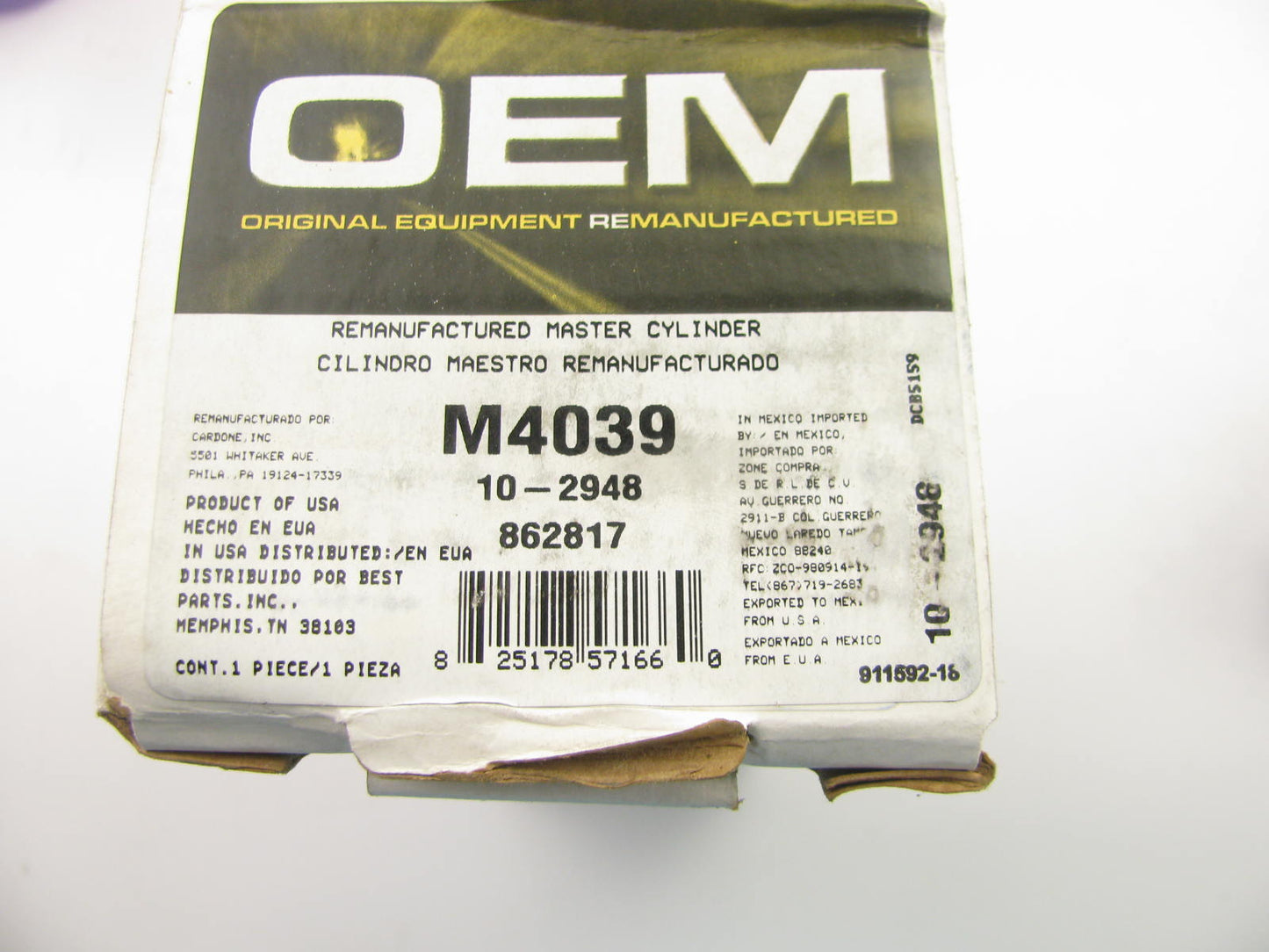 Oem Remanufacturing M4039 Reman Brake Master Cylinder W/O Reservoir