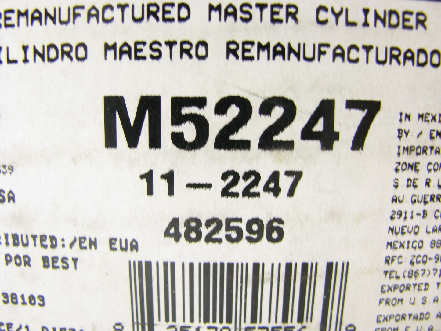 Oem Remanufacturing M52247 Reman Brake Master Cylinder For 1987-91 Toyota Camry